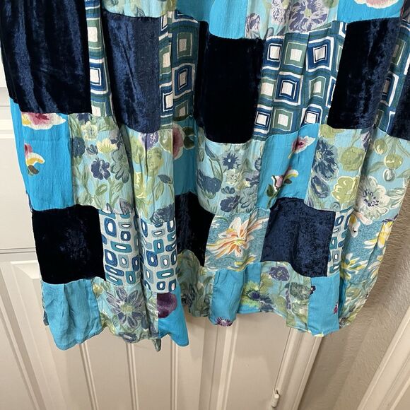 Vintage Midnight Run Blue Patchwork Maxi Skirt Boho Broomstick Mixed Print Sz M - Picture 3 of 13